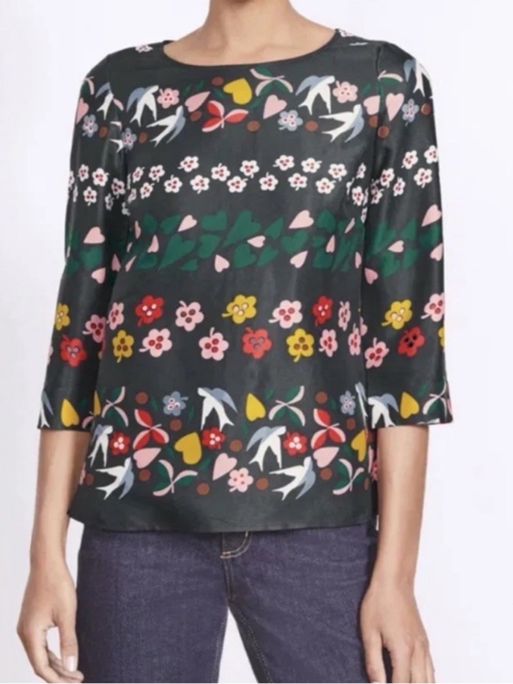 Boden Aria floral birds top blouse M